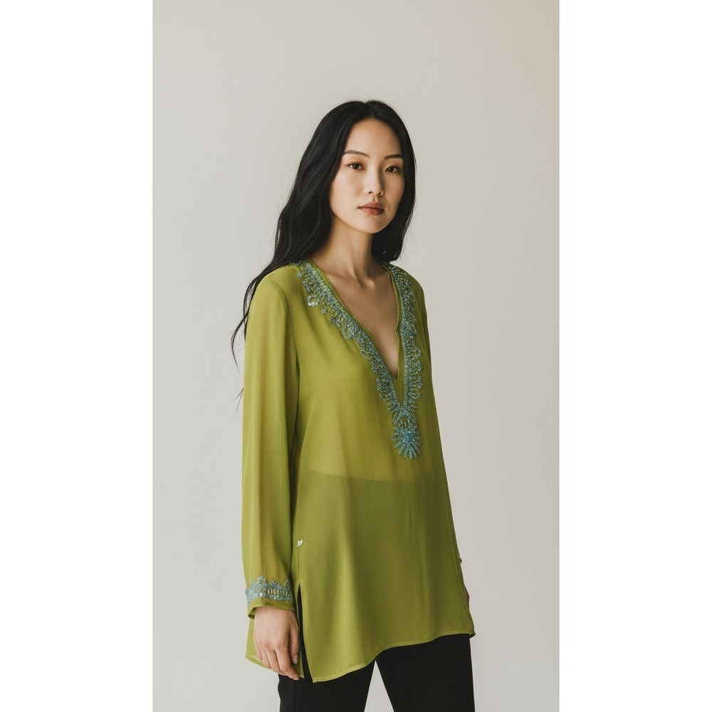 Vintage Itsu 100% Silk Beaded Lime Green Tunic Blouse Sequin Boho Size 14